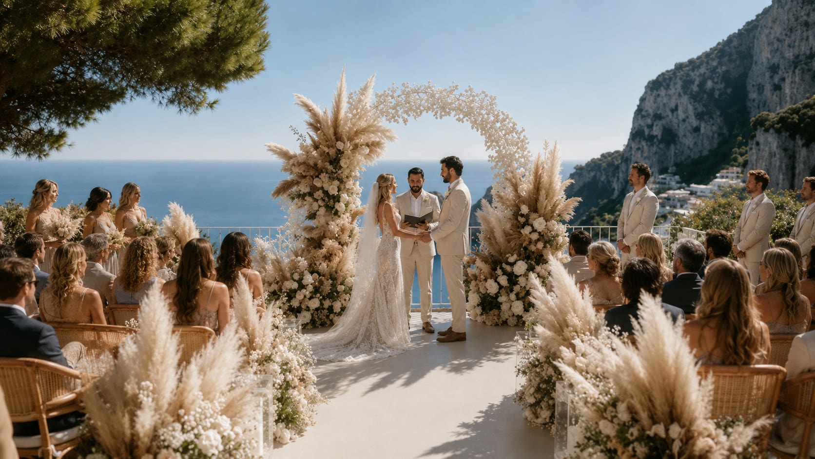 A wedding ceremony overlooking the sea, guests seated around a floral arch